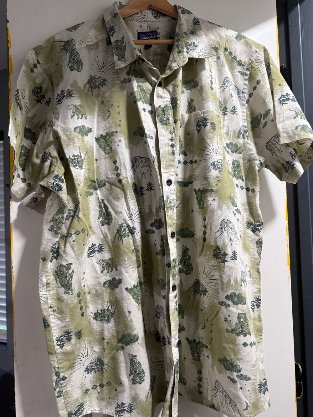 Patagonia Olive & Cream Organic Cotton Camp Shirt with Nature Print 2XL